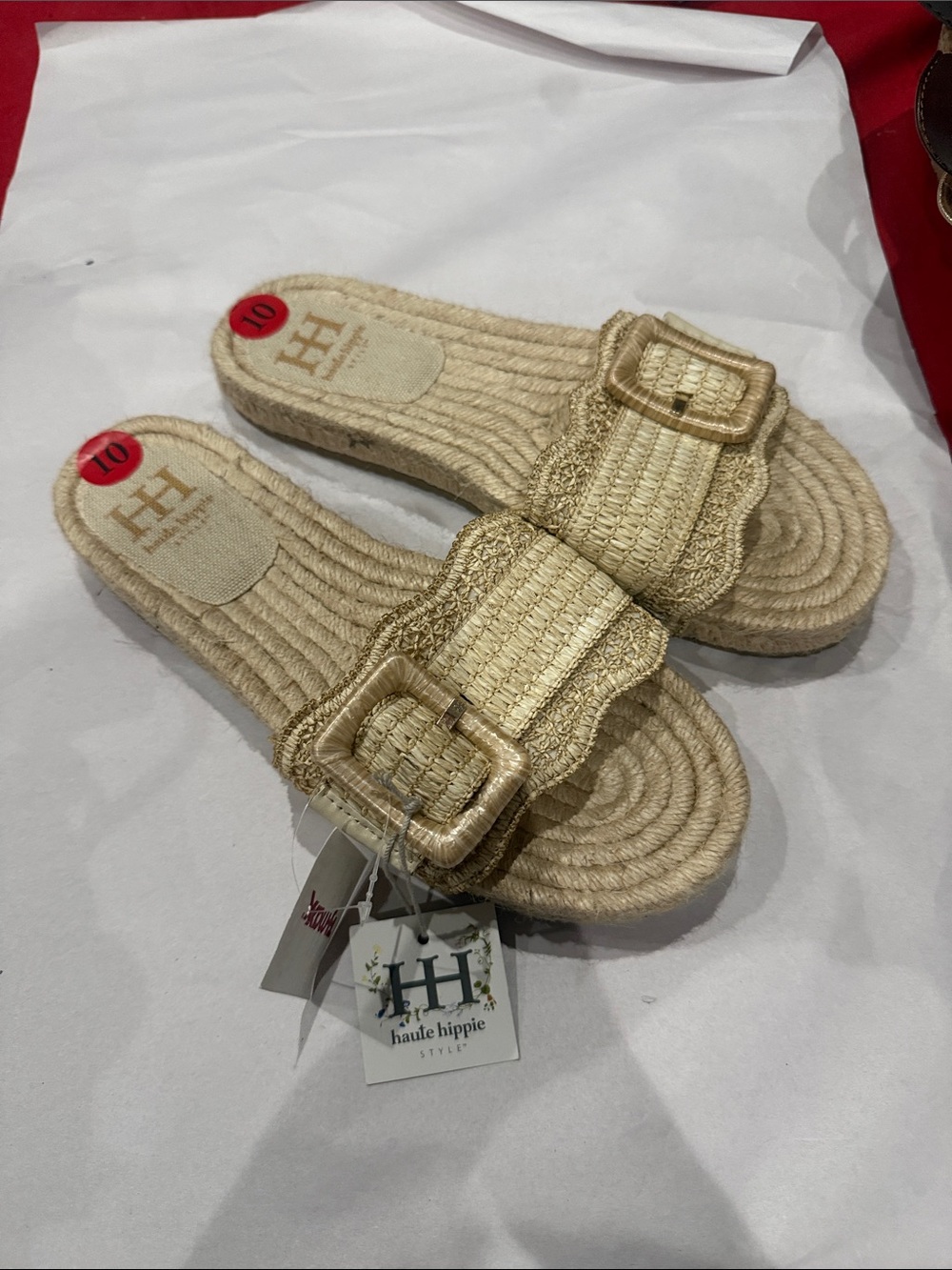 Haute Hippie Natural Woven Buckle Slide Sandals - Beige